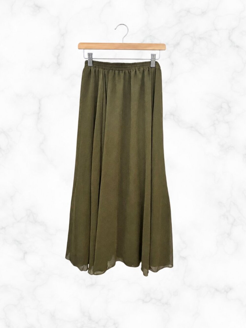 NWOT | Olive Green Pleated Chiffon Maxi Skirt | Flowy A-Line Elastic Waist | 3XL